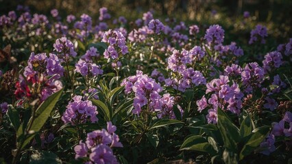 Bright afternoon sun highlighting a garden rich with purple flower blooms