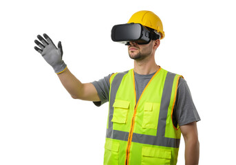 An industrial engineer in a safety vest and hard hat uses a VR headset to interact with a virtual simulation, isolated on a white background.