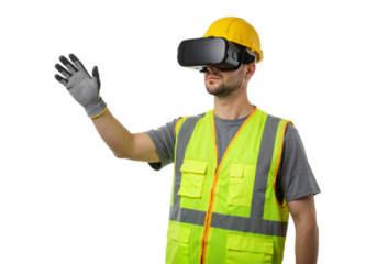 An industrial engineer in a safety vest and hard hat uses a VR headset to interact with a virtual simulation, isolated on a white background.