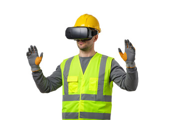 An industrial worker in a hard hat and safety vest using a virtual reality headset for a simulation, isolated on a white background.