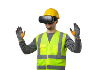 An industrial worker in a hard hat and safety vest using a virtual reality headset for a simulation, isolated on a white background.