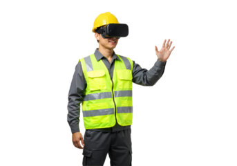 An Asian construction worker in a safety vest and hard hat using a virtual reality headset for immersive training and simulation.