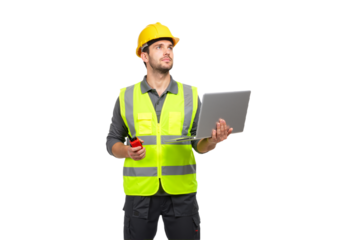 A professional construction engineer in a hard hat and safety vest uses a laptop and radio for site supervision, looking up thoughtfully on a white background.