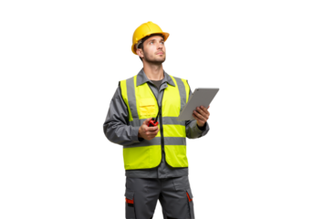 Skilled construction worker in safety gear holding tablet and radio, looking up for inspiration and new ideas at worksite