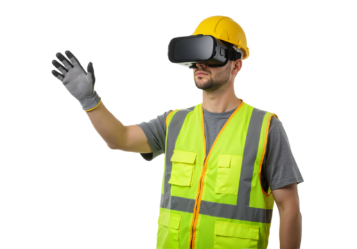 An industrial engineer in a safety vest and hard hat uses a VR headset to interact with a virtual simulation, isolated on a white background.
