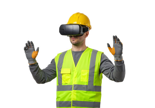An industrial worker in a hard hat and safety vest using a virtual reality headset for a simulation, isolated on a white background.