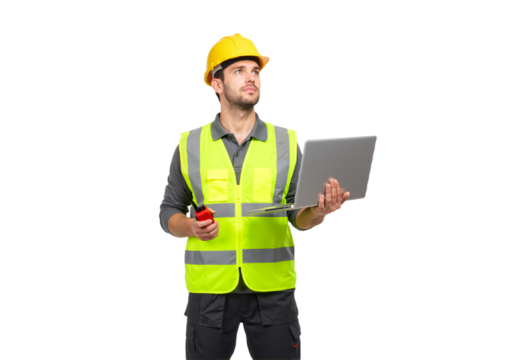 A professional construction engineer in a hard hat and safety vest uses a laptop and radio for site supervision, looking up thoughtfully on a white background.