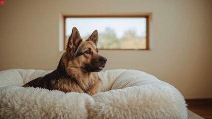 Lovely shepherd dog relaxing on the bed, staring out the window within the house