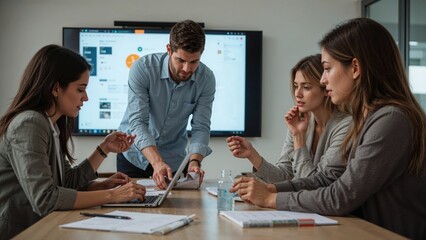 Four professionals exchanging thoughts in a meeting, using a touchpad to develop innovative startup concepts collaboratively.