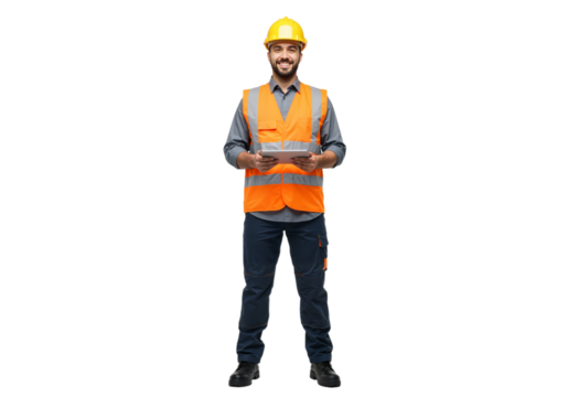 Smiling Construction Worker Holding Tablet A Professional Engineer in Safety Gear Inspecting Blueprints