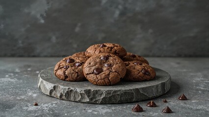 Stack of chocolate cookies on a rustic stone platter