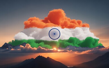 Indian flag colors reflected in cloud formations over a mountainous landscape at sunset evoking a sense of national pride and serenity