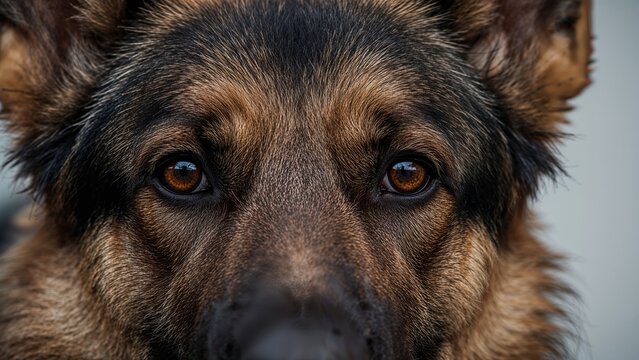 Focused half-front view of a dog's face capturing the intricate fur and sharp ears, with a concentrated and proud expression, black and brown fur lit naturally, conveying emotional intensity