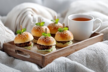 Mini burgers on a wooden tray with a cup of tea on a soft blanket in a cozy setting indoors