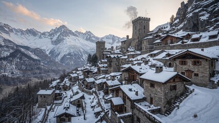 Mountain hamlet featuring old stone architecture and surrounding peaks