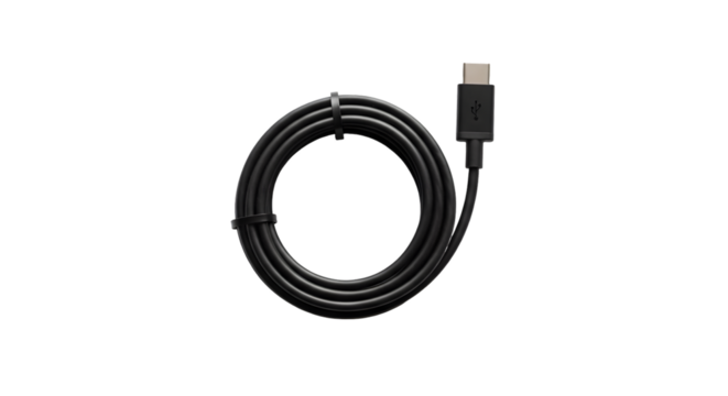 Black usb typec cable coiled and isolated on transparent background