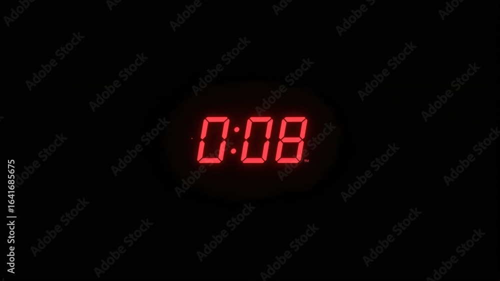 Poster digital led alarm clock displaying 0008 in red on a dark backdrop