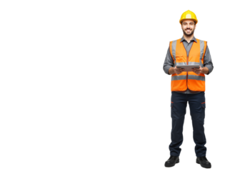 Construction worker using tablet, wearing safety vest and helmet in studio
