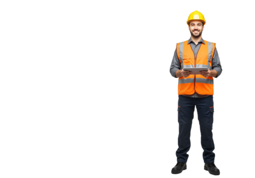Construction worker using tablet, wearing safety vest and helmet in studio