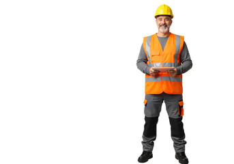Happy mature construction engineer in safety gear using a digital tablet, isolated on a white background with copy space.