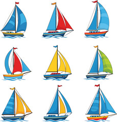 Colorful cartoon sailing boat collection on white background for travel and nautical concepts