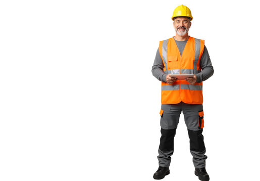 Happy mature construction engineer in safety gear using a digital tablet, isolated on a white background with copy space.