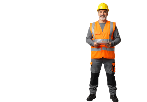 Happy mature construction engineer in safety gear using a digital tablet, isolated on a white background with copy space.