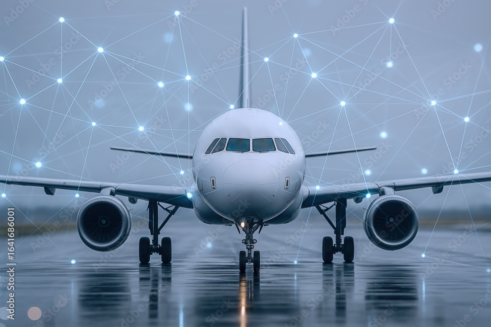 Poster modern airplane on runway with digital network overlay, representing global connectivity and aviatio