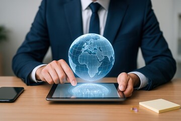 Businessman Interacting with Holographic Globe on Tablet Display: Global Business, Technology, and Connectivity Concept