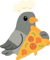 Cute pigeon chef in a white hat, proudly holding a pizza slice. Flat vector style with subtle shadows, no gradients.