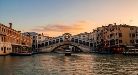 Fototapeta premium Venetian Sunset: Gondola Navigating the Rialto Bridge's Golden Hour