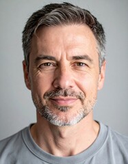 Obraz premium A close-up portrait of a mature man with a friendly expression, gray hair, and a beard, wearing a simple gray shirt against a neutral background.