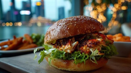 Close up of a gourmet burger with lettuce and meat on a wooden board with sweet potato fries