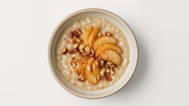 Oatmeal topped with caramelized apples and nuts against a white background