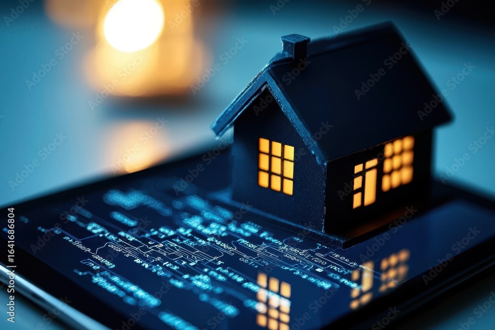Poster modern technology concept with house model on tablet device display