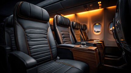 Airplane Interior with Black Leather Seats and Cabin Windows