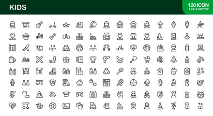 Kids Professional Line Icon Set &ndash; Modern Playful Vector Icons, Childcare Line Icon Collection, Minimal Unique Outline Symbols