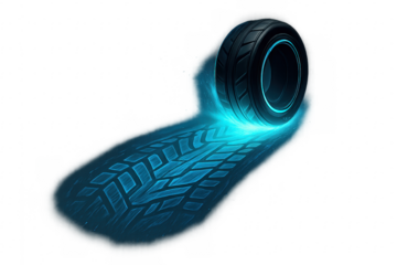 Futuristic tire rolling and leaving glowing blue trail on transparent background