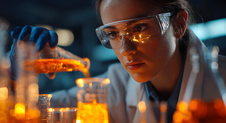 Scientist conducting chemical experiment with orange liquid in flask