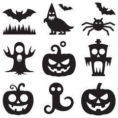 Fototapeta premium Halloween Symbols in Silhouette – Flat Vector Pack. Vector black silhouette. with white background.