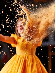 Girl in Yellow Dress Tosses Colorful Powder in Creative Performance