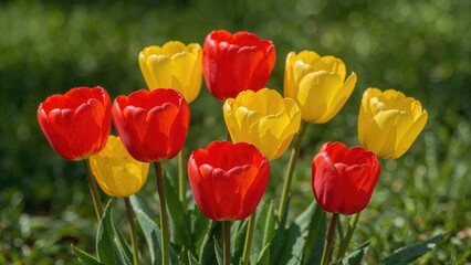 Obraz premium Garden full of red and yellow tulip plants in bloom