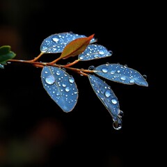 Water Droplets on Fresh Green Leaves with Blue Background