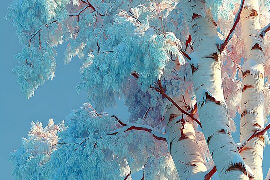 Winter birch trees with snow-covered leaves against a light blue sky illustration - Powered by Adobe