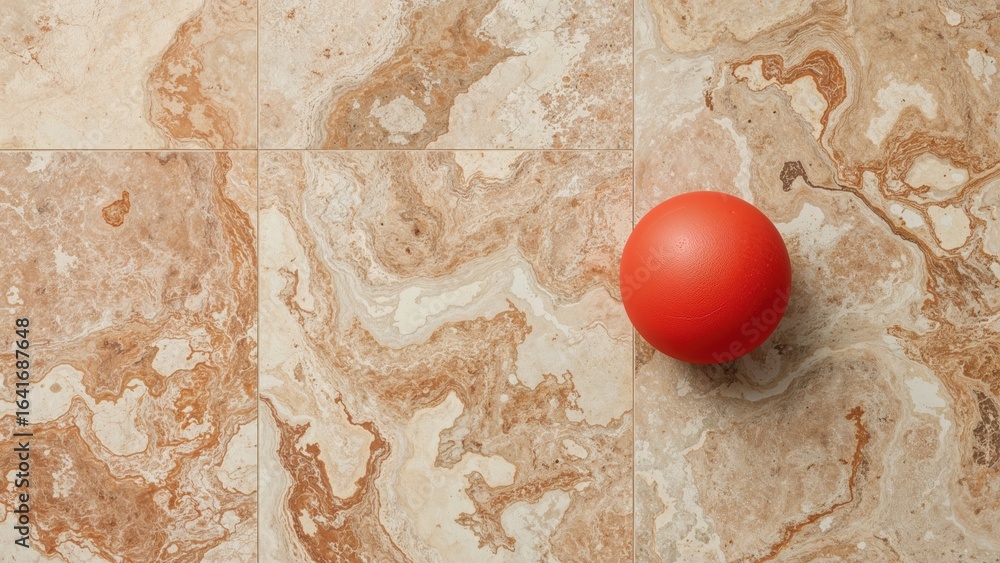 Poster vivid red hockey disk set against a tiled marble backdrop with open space to the left. concepts of s
