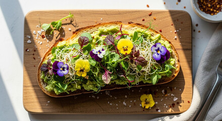 Overhead Vegan Avocado Toast with Microgreens and Edible Flowers