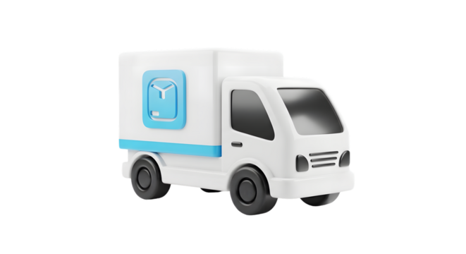 A 3d render of a white delivery truck with a blue logo, isolated on transparent background