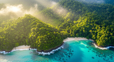 Aerial Forest Meets Turquoise Coastline at Sunrise