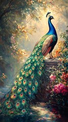 Obraz premium Majestic peacock displaying its vibrant plumage in a lush garden