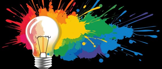 Colorful Light Bulb with Paint Splashes on Black Background